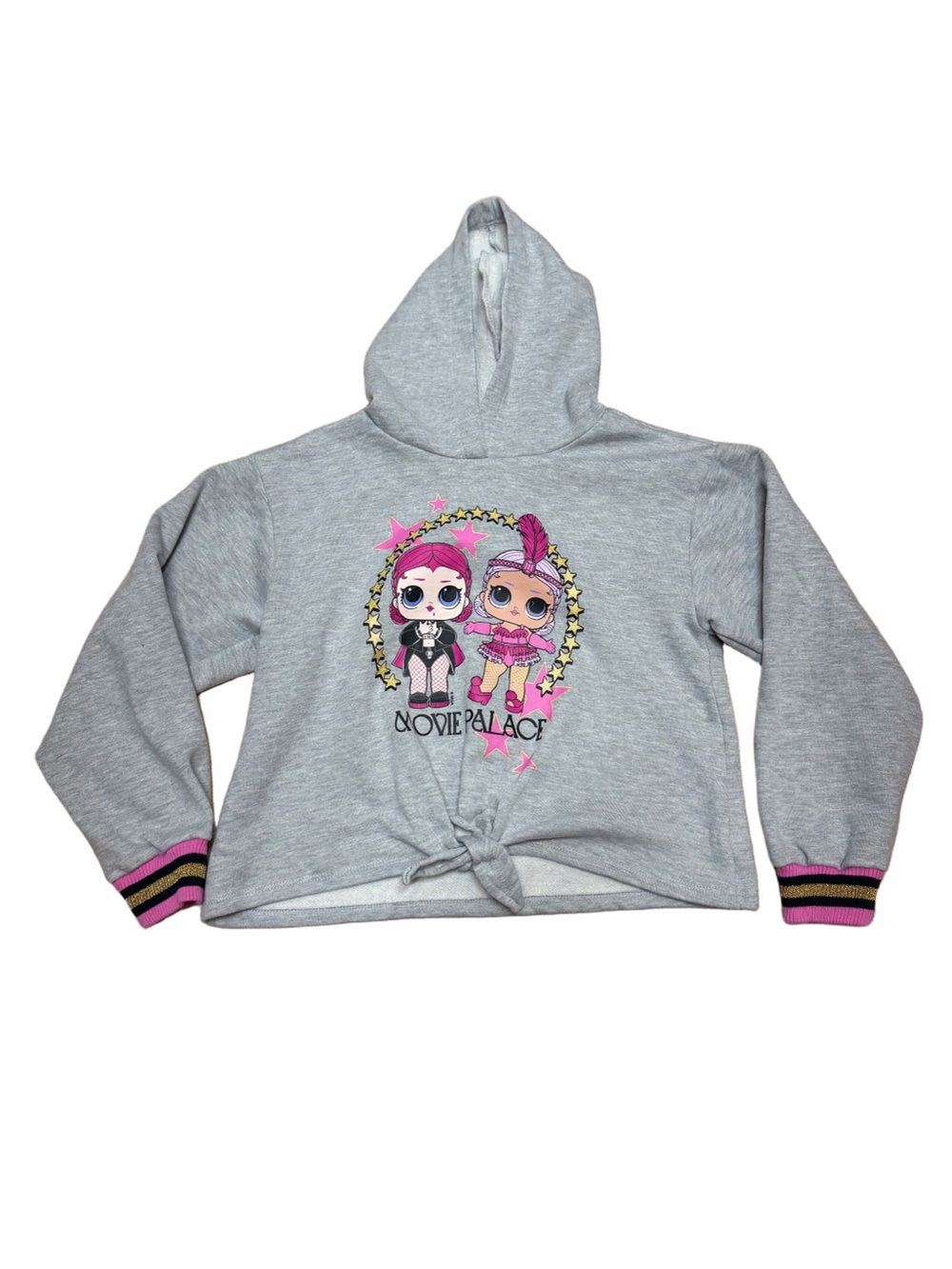 LOL Surprise Girls XL 14/16 Gray Cropped Hoodie Movie Palace Graphic Tie Front